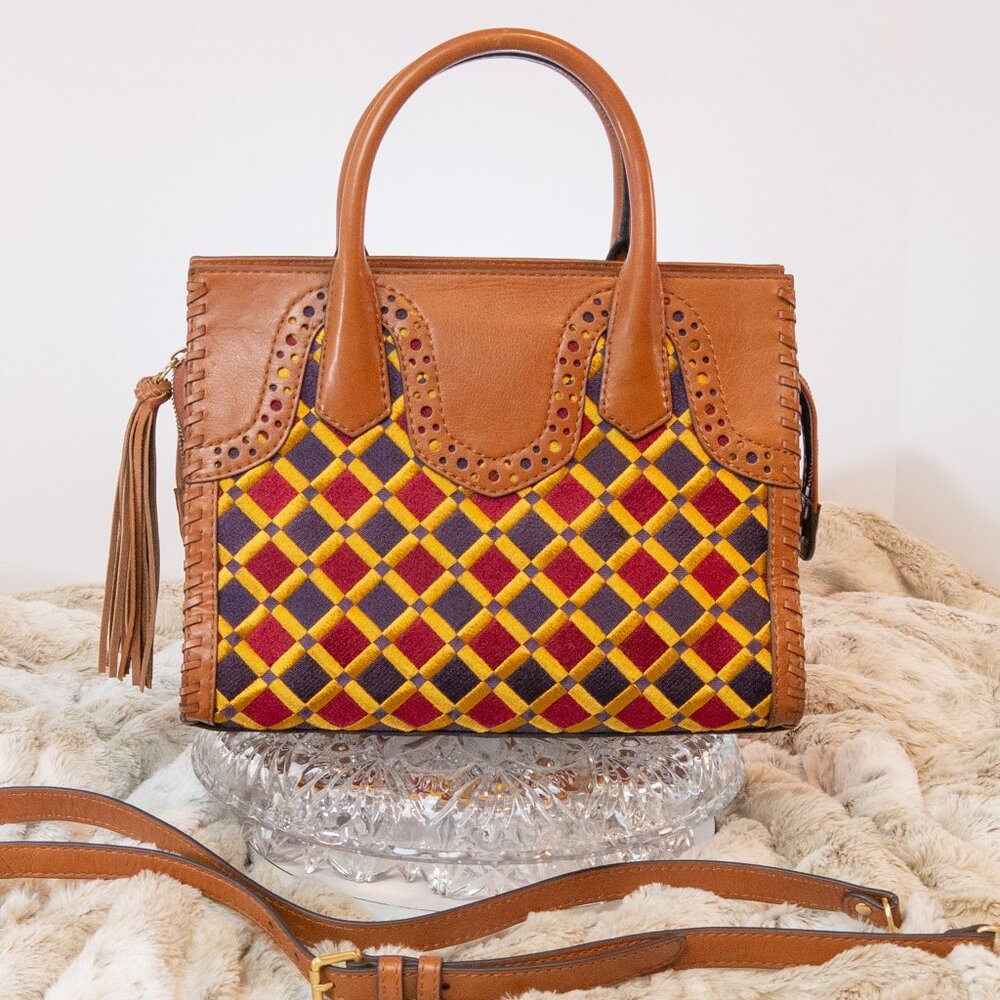 ISABELLA FIORE VINTAGE MULTICOLOR EMBROIDERED LEATHER TOTE SHOULDERBAG